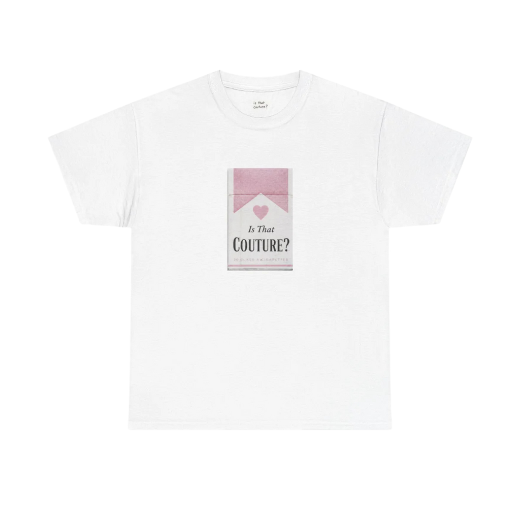 White t-shirt with a pink and gray graphic on a white background