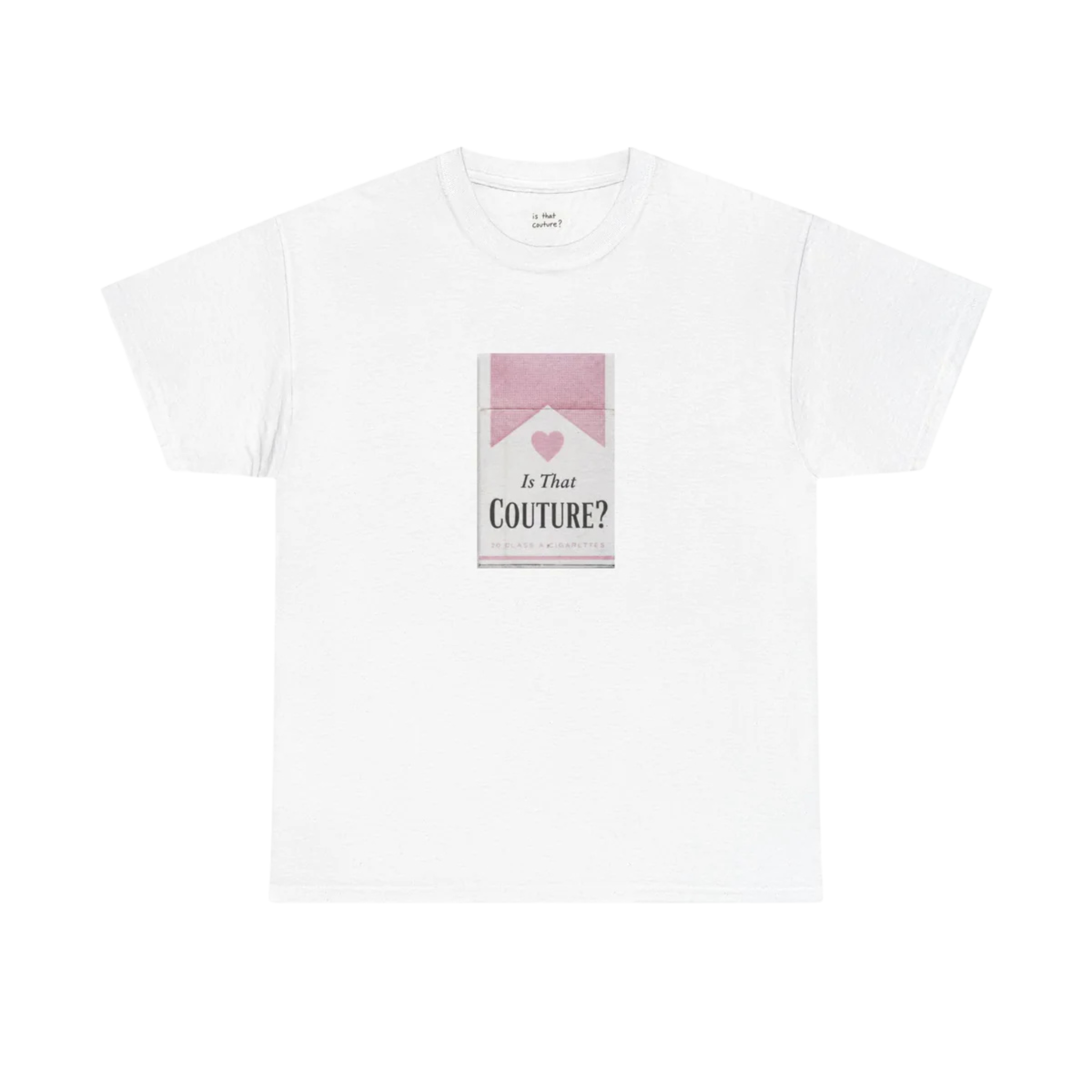 White t-shirt with a pink and gray graphic on a white background